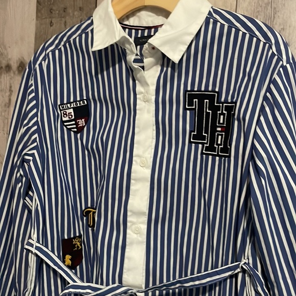 Tommy Hilfiger blue striped belted Shirt Dress with patches size 12 - Picture 2 of 5